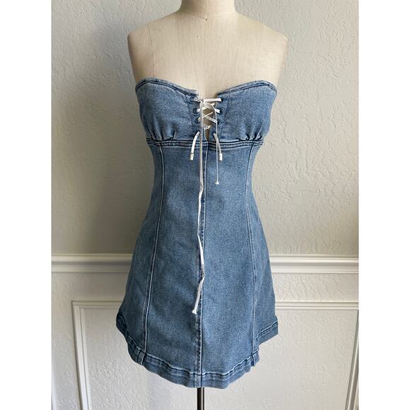 Miss Sixty Strapless Denim Corset Mini Dress Small | Lace-Up Front  Y2K Retro - Picture 2 of 11